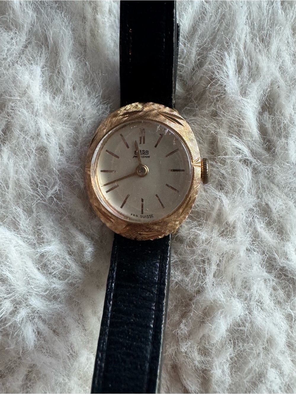 Vintage ERSA Precision Swiss Made Gold Plated Ladies Watch Black Leather Strap